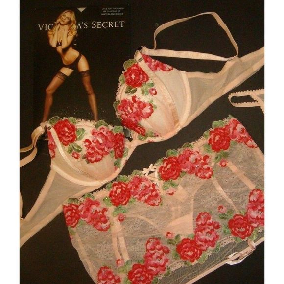 Victoria's secret 32B,34B,34D,34DD BRA SET+garter+panty Embroidered Roses Pink - Picture 2 of 9
